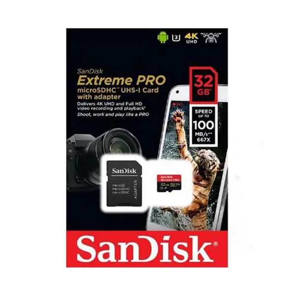 کارت حافظه microSDHC سن دیسک مدل Extreme Pro V30 کلاس 10 استاندارد UHS-I U3 سرعت 100MBps 667X ظرفیت 32 گیگابایت Sandisk Extreme Pro V30 UHS-I U3 Class 10 100MBps 667X microSDHC Card 32GB