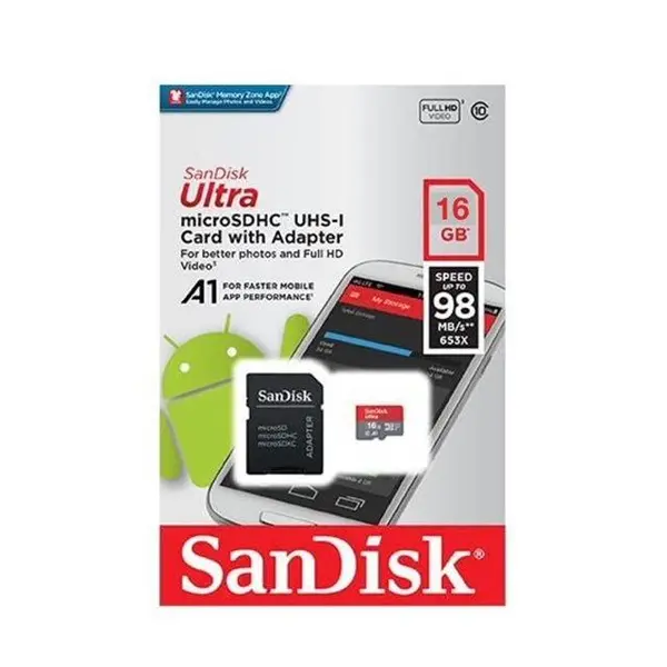 کارت حافظه microSDHC سن دیسک مدل Ultra A1 کلاس 10 استاندارد UHS-I U1 سرعت 98MBps ظرفیت 16 گیگابایت SanDisk Ultra 16GN6MN 98MB/s microS
