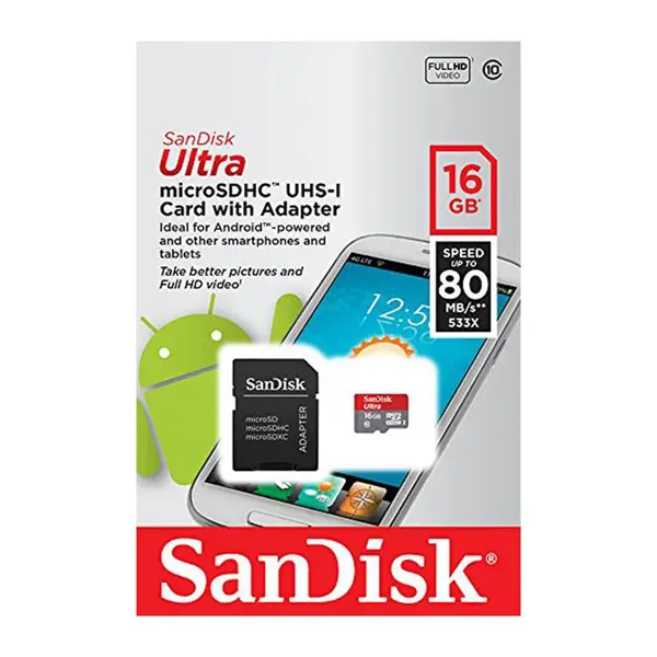 کارت حافظه microSDHC سن دیسک مدل Ultra کلاس 10 استاندارد UHS-I U1 سرعت 80MBps همراه با آداپتور SD ظرفیت 16 گیگابایت SanDisk Ultra UHS-I U1 Class 10 80MBps microSDHC With Adapter - 16GB