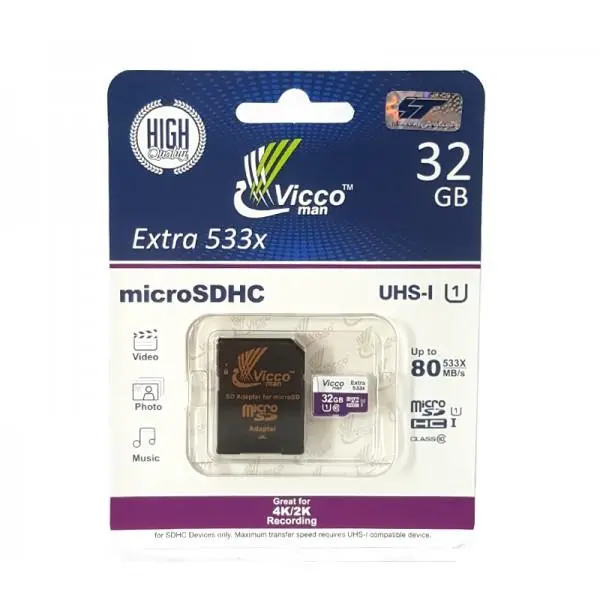کارت حافظه ویکو من مدل microSDHC Vicco Man Extre533X UHS-I U1 Class 10 80MBps – 32GB Vicco man Viccoman microSDHC UHS-I U1-533X 32GB