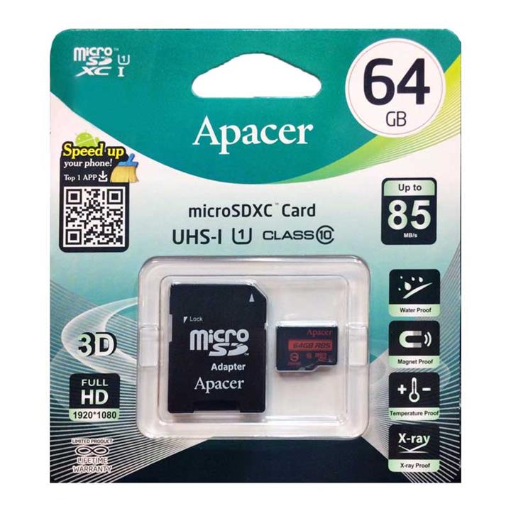 کارت حافظه microSDXC اپیسر کلاس 10 استاندارد UHS-I U1 سرعت 85MBps همراه با آداپتور SD ظرفیت 64 گیگابایت Apacer UHS-I U1 Class 10 85MBps microSDXC With Adapter - 64GB