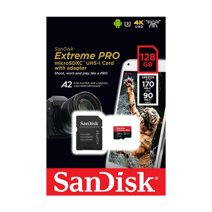 کارت حافظه microSDXC سن دیسک مدل Extreme PRO کلاس A2 استاندارد UHS-I U3 سرعت 170MBs ظرفیت 128 گیگابایت به همراه آداپتور SD Sandisk Extreme PRO UHS-I U3 Class A2 170MBps microSDXC With Adapter - 128GB