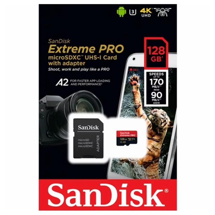 کارت حافظه microSDXC سن دیسک مدل Extreme PRO کلاس A2 استاندارد UHS-I U3 سرعت 170MBs ظرفیت 128 گیگابایت SANDISK Extreme PRO  IPM UHS-I U3 Class A2 170MBps microSDXC 128GB