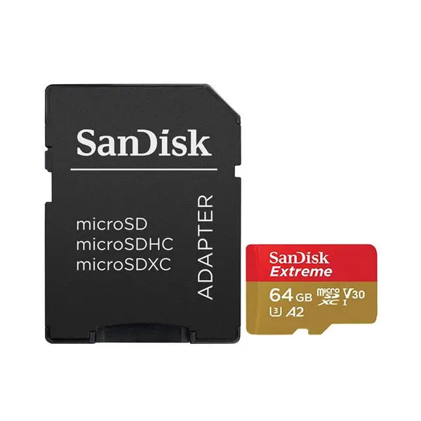 کارت حافظه microSDXC سن دیسک مدل Extreme V30 کلاس A2 استاندارد UHS-I U3 سرعت 100MBps 667X همراه با آداپتور SD ظرفیت 64 گیگابایت Sandisk Extreme V30 UHS-I U3 Class A2 100MBps 667X microSDXC With Adapter - 64GB - 5
