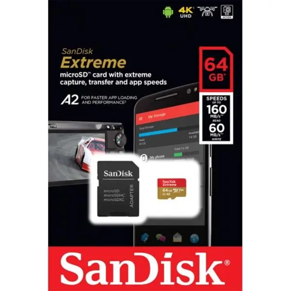 کارت حافظه microSDXC سن دیسک مدل Extreme V30 کلاس A2 استاندارد UHS-I U3 سرعت 100MBps 667X همراه با آداپتور SD ظرفیت 64 گیگابایت Sandisk Extreme V30 UHS-I U3 Class A2 100MBps 667X microSDXC With Adapter - 64GB - 2