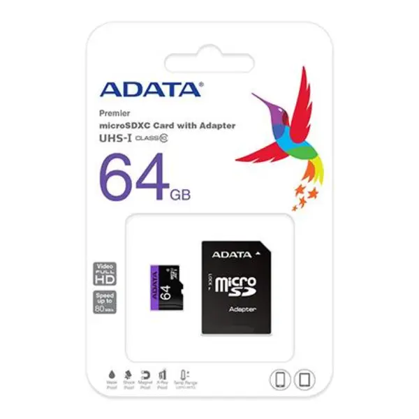 کارت حافظه microSDXC ای دیتا مدل Premier کلاس 10 استاندارد UHS-I U1 سرعت 80MBps ظرفیت 64 گیگابایت به همراه آداپتور SD -