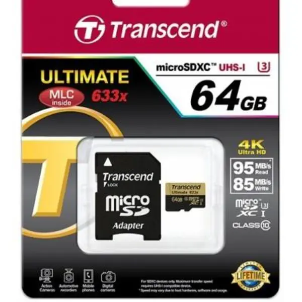 کارت حافظه microSDXC ترنسند مدل Ultimate کلاس 10 استاندارد UHS-I U3 سرعت 95MBps 633X همراه با آداپتور SD ظرفیت 64 گیگابایت Transcend Ultimate UHS-I U3 Class 10 95MBps 633X microSDXC With Adapter - 64GB