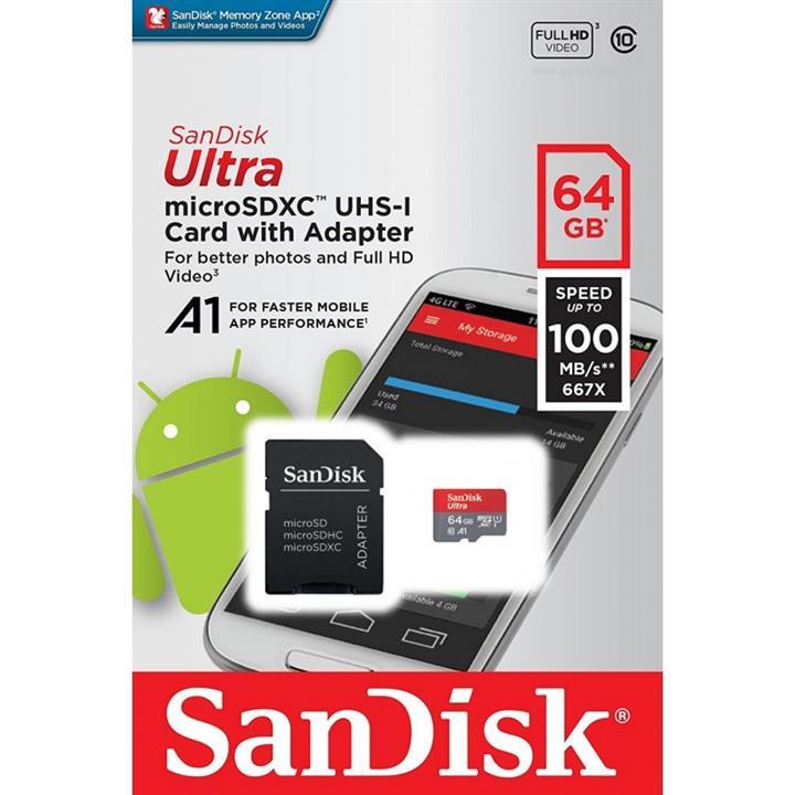 کارت حافظه microSDXC سن دیسک مدل Ultra  کلاس10 و A1 استاندارد UHS-I U1 سرعت 100MBps 667X همراه با آداپتور SD ظرفیت 64 گیگابایت Sandisk Ultra UHS-I U1 Class 10 And A1 100MBps 667X microSDXC With Adapter 64GB