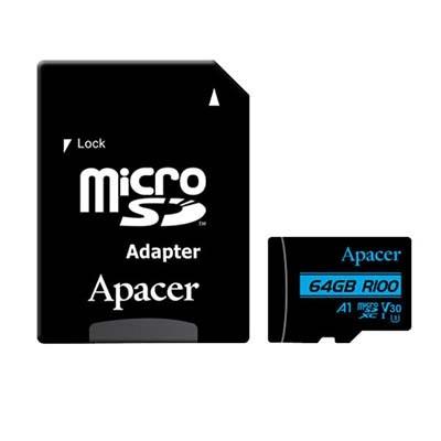 کارت حافظه microSDXC اپیسر مدل V30 A1 کلاس 10 استاندارد UHS-I U3 سرعت 100MBps ظرفیت 64 گیگابایت به همراه آداپتور SD