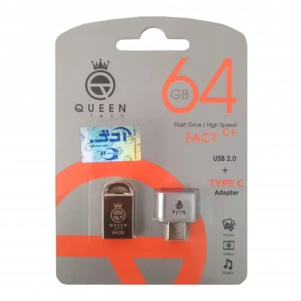 فلش QUEEN TECH مدل +FACT C ظرفیت 64 گیگابایت به همراه تبدیل OTG TYPE-C