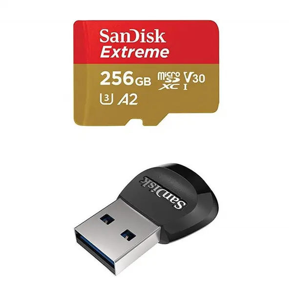 کارت میکرو اس دی SanDisk Extreme microSD Card 256GB SanDisk Extreme 256GB microSD UHS-I Card with Adapter - 160MB/s with SanDisk MobileMate USB 3.0 microSD Card Reader - 5