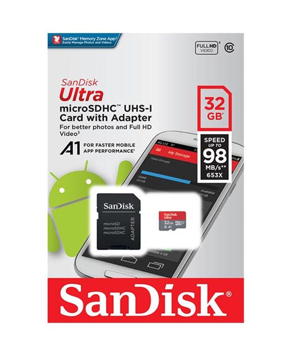 Sandisk کارت حافظه microSDHC سن دیسک مدل Ultra A1 کلاس 10 استاندارد UHS-I سرعت 98MBps ظرفیت 32 گیگابایت به همراه آداپتور SD