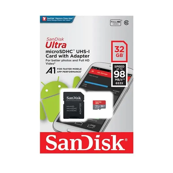 Sandisk کارت حافظه microSDHC سن دیسک مدل Ultra A1 کلاس 10 استاندارد UHS-I سرعت 98MBps ظرفیت 32 گیگابایت به همراه آداپتور SD