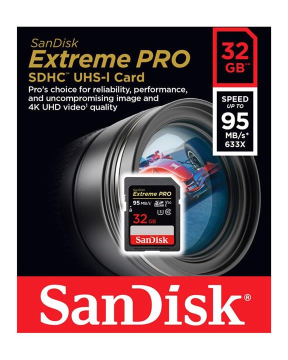 کارت حافظه SD ظرفیت 32 گیگابایت سن دیسک سرعت 633X Extreme Pro – 95MBps Sandisk 32GB Extreme Pro UHS-1 U3 Class10 95MB/s 633X FullHD SDHC Card