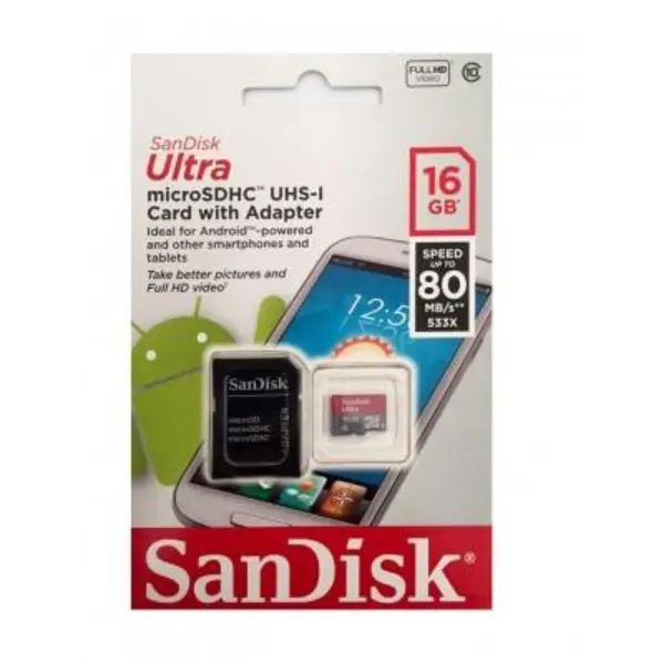 کارت حافظه SDHC سن دیسک مدل Ultra کلاس 10 استاندارد UHS-I U1 سرعت 533X 80MBps ظرفیت 16 گیگابایت SanDisk Ultra UHS-I U1 Class 10 533X 80MBps SDHC - 16GB