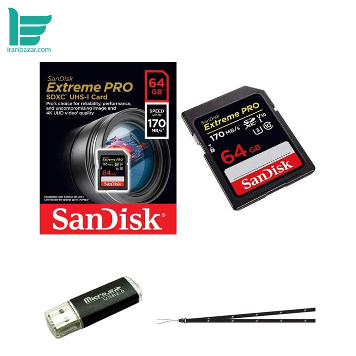 کارت حافظه SanDisk 64GB Extreme SDXC UHS-I Card C10 U3 4K  کارت حافظه SDXC سن دیسک مدل Extreme Pro V30 کلاس 10 استاندارد UHS-I U3 سرعت 170mbps ظرفیت 64 گیگابایت