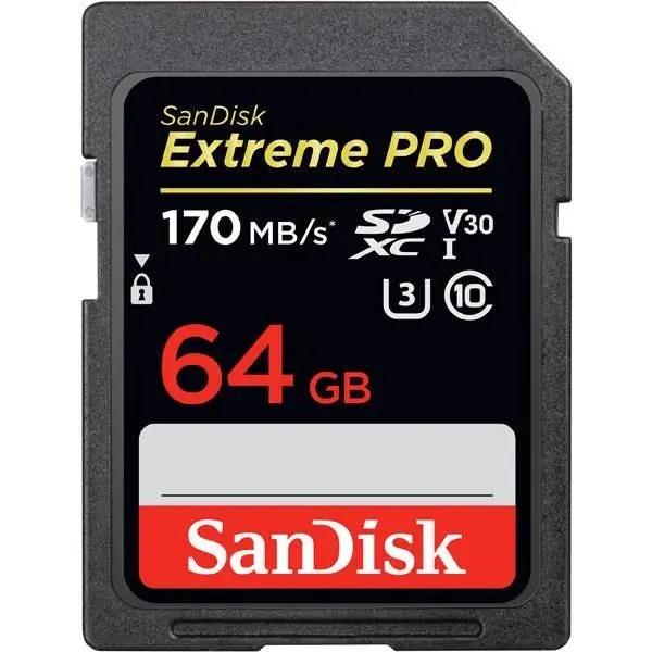 کارت حافظه SanDisk 64GB Extreme SDXC UHS-I Card C10 U3 4K کارت حافظه SDXC سن دیسک مدل Extreme Pro V30 کلاس 10 استاندارد UHS-I U3 سرعت 170mbps ظرفیت 64 گیگابایت