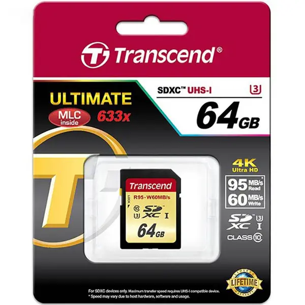 کارت حافظه SDXC ترنسند مدل Ultimate کلاس 10 استاندارد UHS-I U3 سرعت 95MBps 633X ظرفیت 64 گیگابایت Transcend Ultimate UHS-I U3 Class 10 95MBps 633X SDXC - 64GB