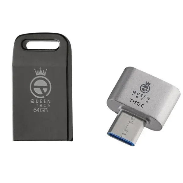 فلش مموری کوئین تک مدل UNIQUE C-PLUS ظرفیت 64 گیگابایت به همراه مبدل USB-C OTG -