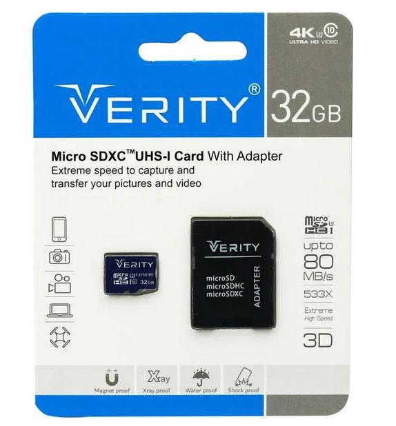 رم میکرو ۳۲ گیگ وریتی Verity Extreme U3 C10 80MB/s + خشاب