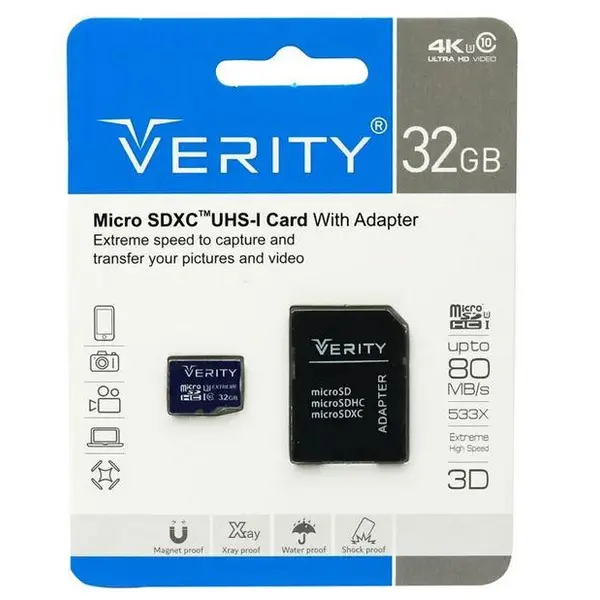 رم میکرو ۳۲ گیگ وریتی Verity Extreme U3 C10 80MB/s + خشاب