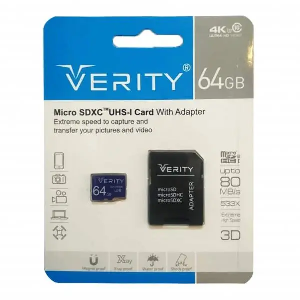 کارت حافظه میکرو اس دی وریتی مدل Verity U3 533X ظرفیت ۶۴ گیگابایت کد ۴۱۰۳