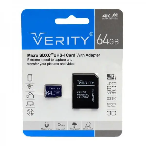 کارت حافظه میکرو اس دی وریتی مدل Verity U3 533X ظرفیت ۶۴ گیگابایت کد ۴۱۰۳