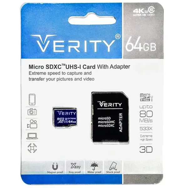 کارت حافظه میکرو اس دی وریتی مدل Verity U3 533X ظرفیت ۶۴ گیگابایت کد ۴۱۰۳