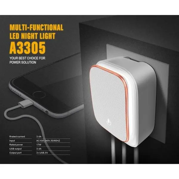 هاب یو اس بی USB Hub آداپتور شارژر 3 پورت و چراغ خواب الدینیو LDNIO A3305 با کابل شارژ