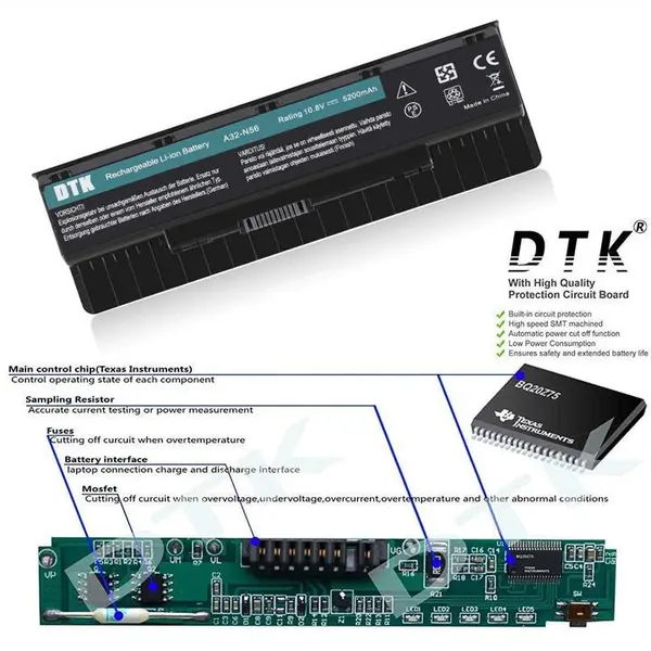 باتری لپ تاپ ایسوس 6 سلولی N56/N46/N76 DTK 6 Cells 10.8V 5200mAh Laptop Battery Replacement for ASUS A31-N56 A32-N56 A33-N56 A32-N46 N46 N56 N76 R503C Series