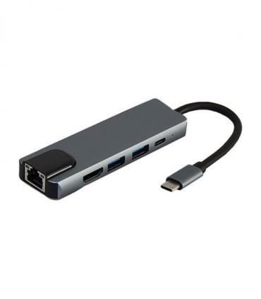 هاب 2 پورت Type C به USB 3.0 با یک پورت HDMI و Type C و LAN با قابلیت PD کی نت K-MFCMS505