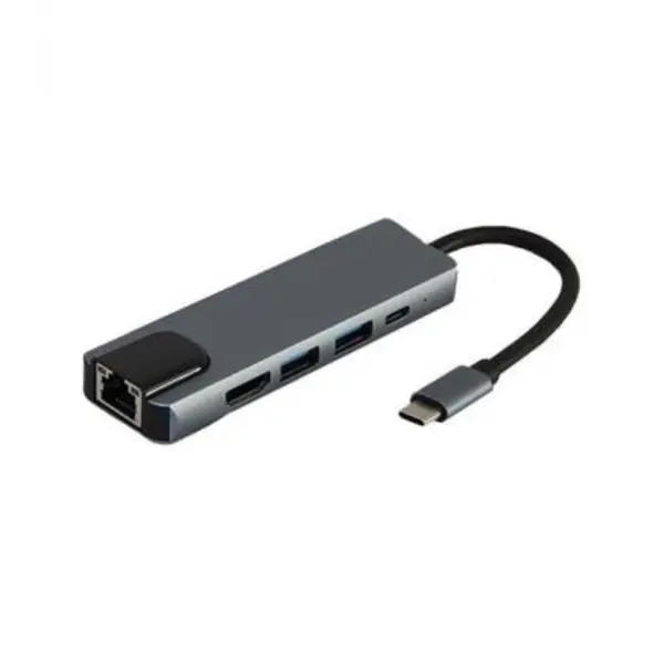 هاب 2 پورت Type C به USB 3.0 با یک پورت HDMI و Type C و LAN با قابلیت PD کی نت K-MFCMS505