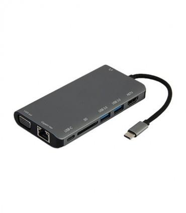 هاب 2 پورت Type C به USB 3.0 با یک پورت HDMI و Type C و VGA و LAN و درگاه کارت حافظه با قابلیت PD کی نت K-MFCMS908