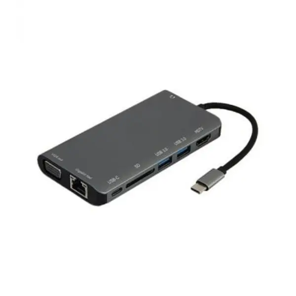 هاب 2 پورت Type C به USB 3.0 با یک پورت HDMI و Type C و VGA و LAN و درگاه کارت حافظه با قابلیت PD کی نت K-MFCMS908