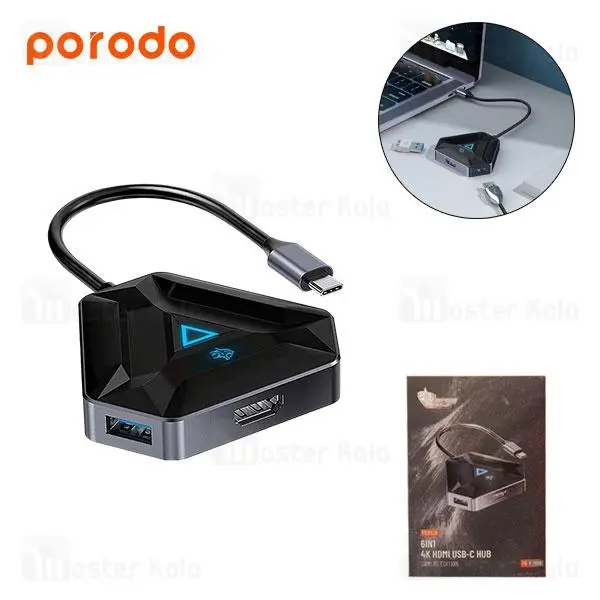 هاب گیمینگ 6 پورت پرودو Porodo 6in1 4K HDMI USB-C Hub PDX529 توان 100 وات