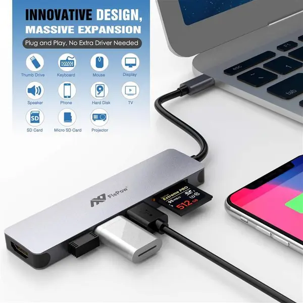 هاب 7 در 1 پرودو مدل Aluminum Usb-C Hub 4K Hdmi 100w Power Delivery USB C Hub Multiport Adapter - 7 in 1 Portable Space Aluminum Dongle with 4K HDMI Output, 3 USB 3.0 Ports, SD/Micro SD Card Reader Compatible for MacBook Pro, XPS More Type C Devices