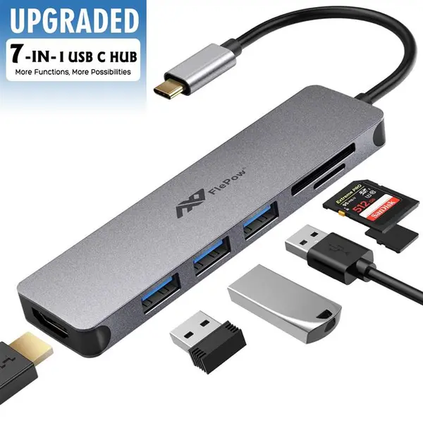 هاب 7 در 1 پرودو مدل Aluminum Usb-C Hub 4K Hdmi 100w Power Delivery USB C Hub Multiport Adapter - 7 in 1 Portable Space Aluminum Dongle with 4K HDMI Output, 3 USB 3.0 Ports, SD/Micro SD Card Reader Compatible for MacBook Pro, XPS More Type C Devices