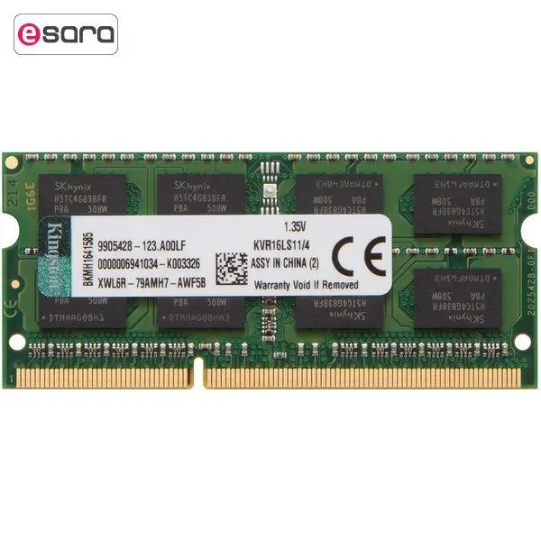 رم لپ تاپ DDR3L تک کاناله 1600 مگاهرتز CL11 کینگستون مدل ValueRAM ظرفیت 4 گیگابایت Kingston ValueRAM DDR3L 1600MHz CL11 Single Channel Laptop RAM - 4GB