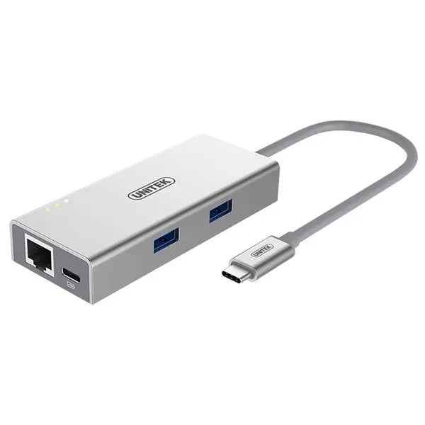 هاب USB 3 Type-C دو پورت به همراه پورت شبکه یونیتک مدل Y-9106 Unitek Y-9106 2 Port USB 3.0 Aluminium Hub + Ethernet Converter -