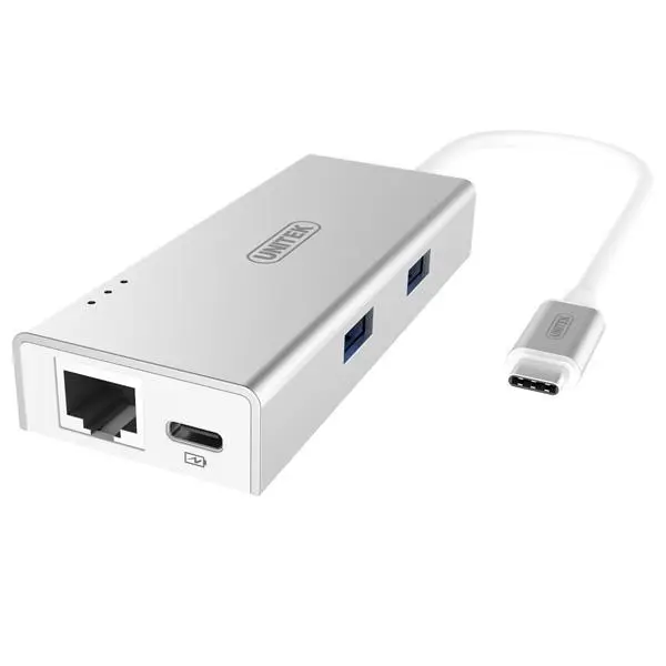 هاب USB 3 Type-C دو پورت به همراه پورت شبکه یونیتک مدل Y-9106 Unitek Y-9106 2 Port USB 3.0 Aluminium Hub + Ethernet Converter -