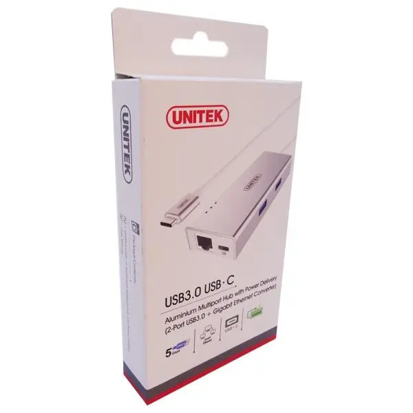 هاب USB 3 Type-C دو پورت به همراه پورت شبکه یونیتک مدل Y-9106 Unitek Y-9106 2 Port USB 3.0 Aluminium Hub + Ethernet Converter -