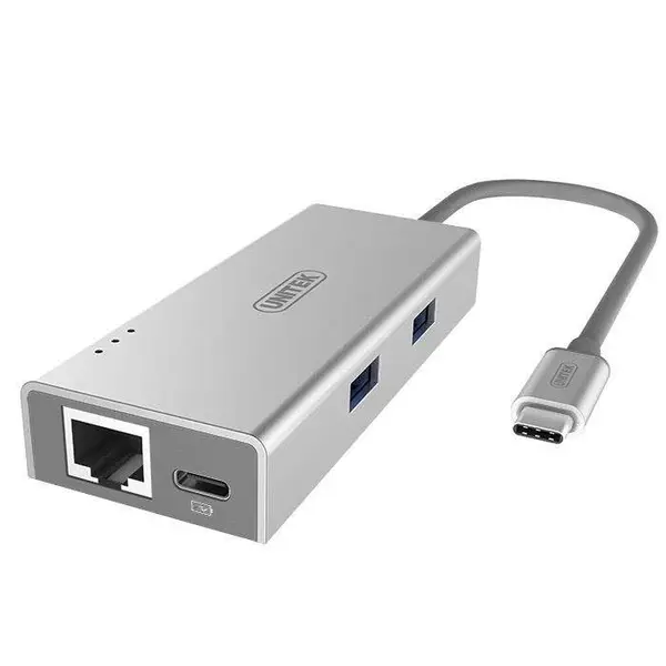 هاب USB 3 Type-C دو پورت به همراه پورت شبکه یونیتک مدل Y-9106 Unitek Y-9106 2 Port USB 3.0 Aluminium Hub + Ethernet Converter -