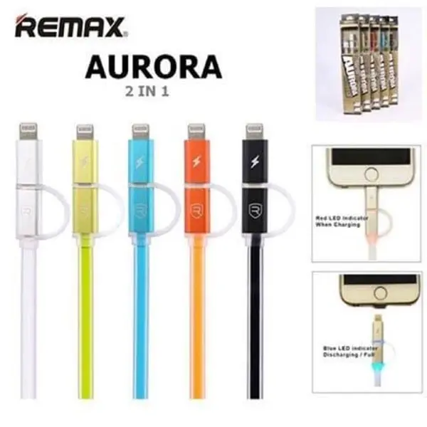کابل تبدیل USB به microUSB و لایتنینگ ریمکس مدل Aurora به طول 100 سانتی متر Remax DSPT D14 2 In 1 Micro USB to USB Cable For Android And iPhone