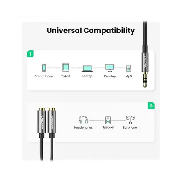 تبدیل 1 به 2 صدا استریو 3.5 میلی متری یوگرین AV123 طول 20CM ugreen 3.5mm AUX Stereo audio Splitter 20CM Cable - 4