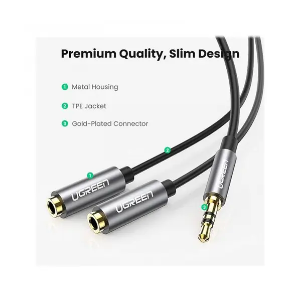 تبدیل 1 به 2 صدا استریو 3.5 میلی متری یوگرین AV123 طول 20CM ugreen 3.5mm AUX Stereo audio Splitter 20CM Cable - 2
