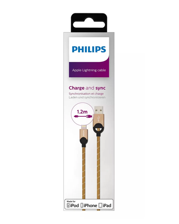 کابل و مبدل ​کابل تبدیل USB به Lightning طلایی فیلیپس مدل philips DLC2608G​ طول 1.2 متر