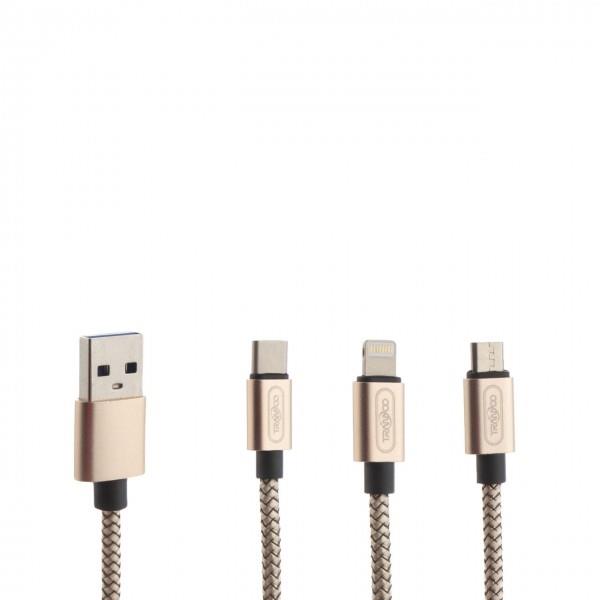 کابل تبدیل USB به microUSB/لایتنینگ/USB-C ترانیو مدل XS طول 1.5 متر -