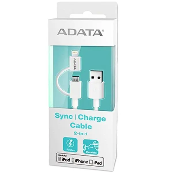 کابل تبدیل یو اس بی به لایتنینگ ای دیتا مدل سینک اند شارژ 2 در 1 به طول 100 سانتیمتر ADATA Sync And Charge Lightning Cable 2 In 1 100cm