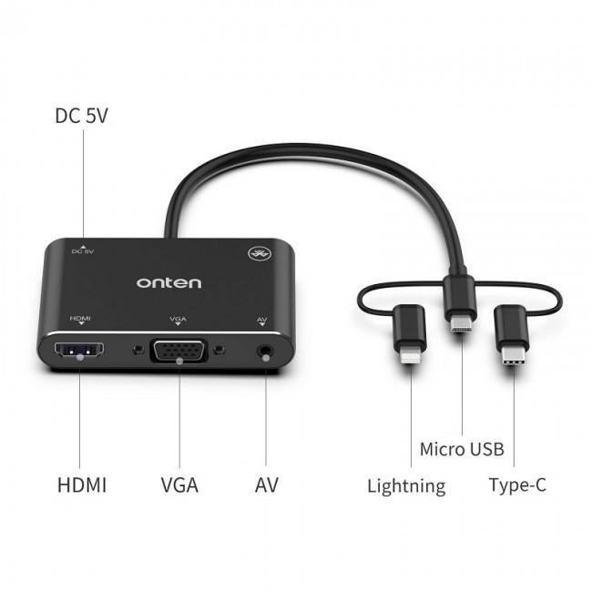 کابل و مبدل تبدیل لایتنینگ میکرو یو اس بی تایپ سی اونتن به  onten OTN-7585B HDMI/VGA/AV