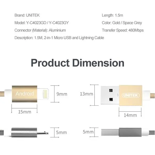کابل تبدیل USB به لایتنینگ/Micro-USB یونیتک مدل Y-C4023GY طول 1.5 متر Unitek Y-C4023GY USB To Micro-USB/Lightning Cable 1.5m